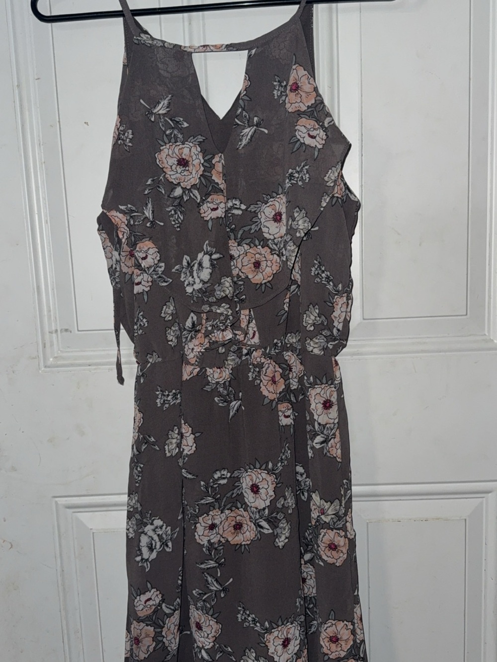 Maurices Taupe Floral Maxi Dress with Pink and Cream Blooms